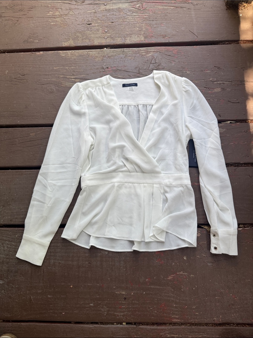 Tommy Hilfiger White Wrap Peplum Blouse with Long Sleeves